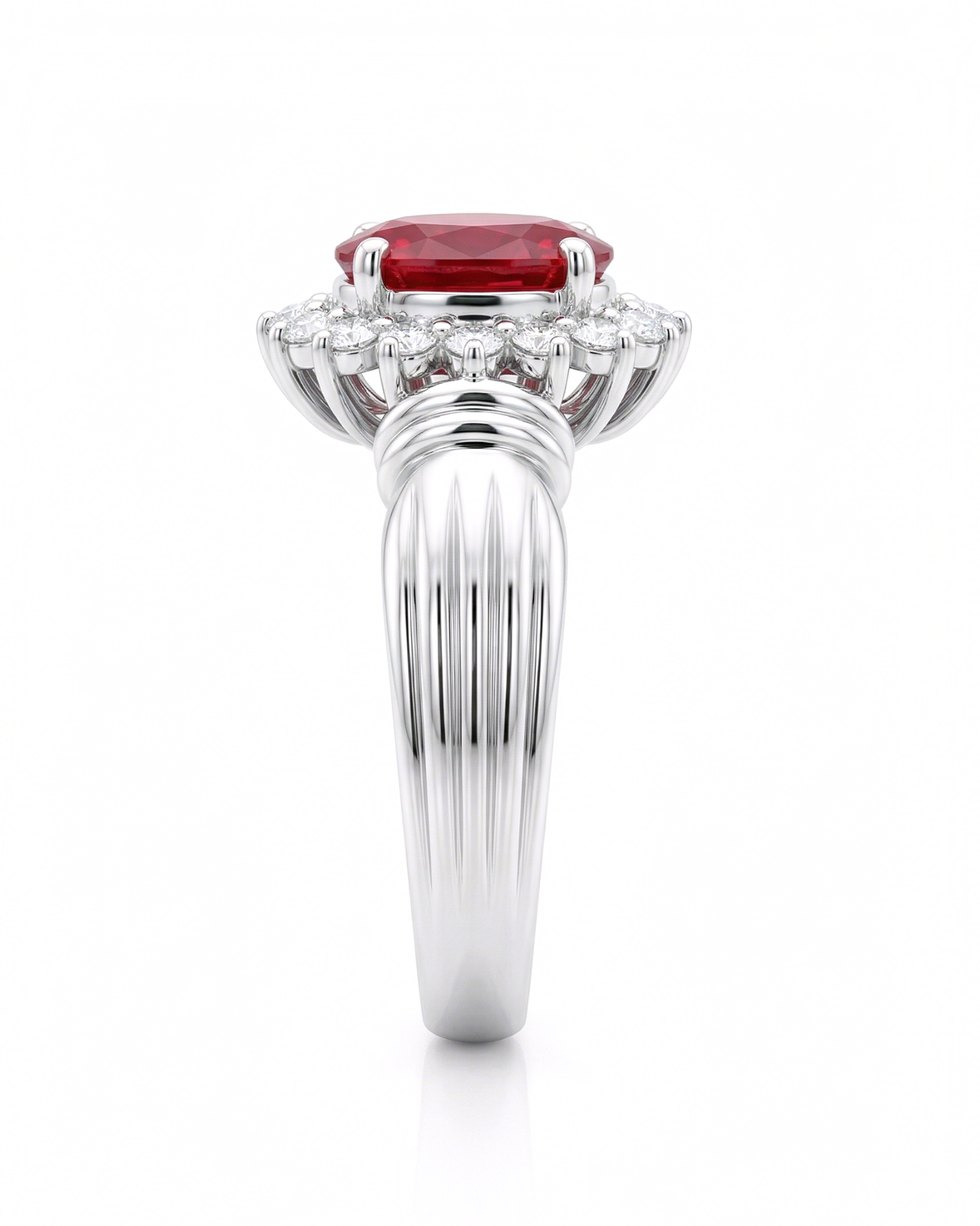 Vintage ruby diamond halo ring oval 1.2 carat natural ruby platinum triple shoulder band luxury ruby ring | SARATTI