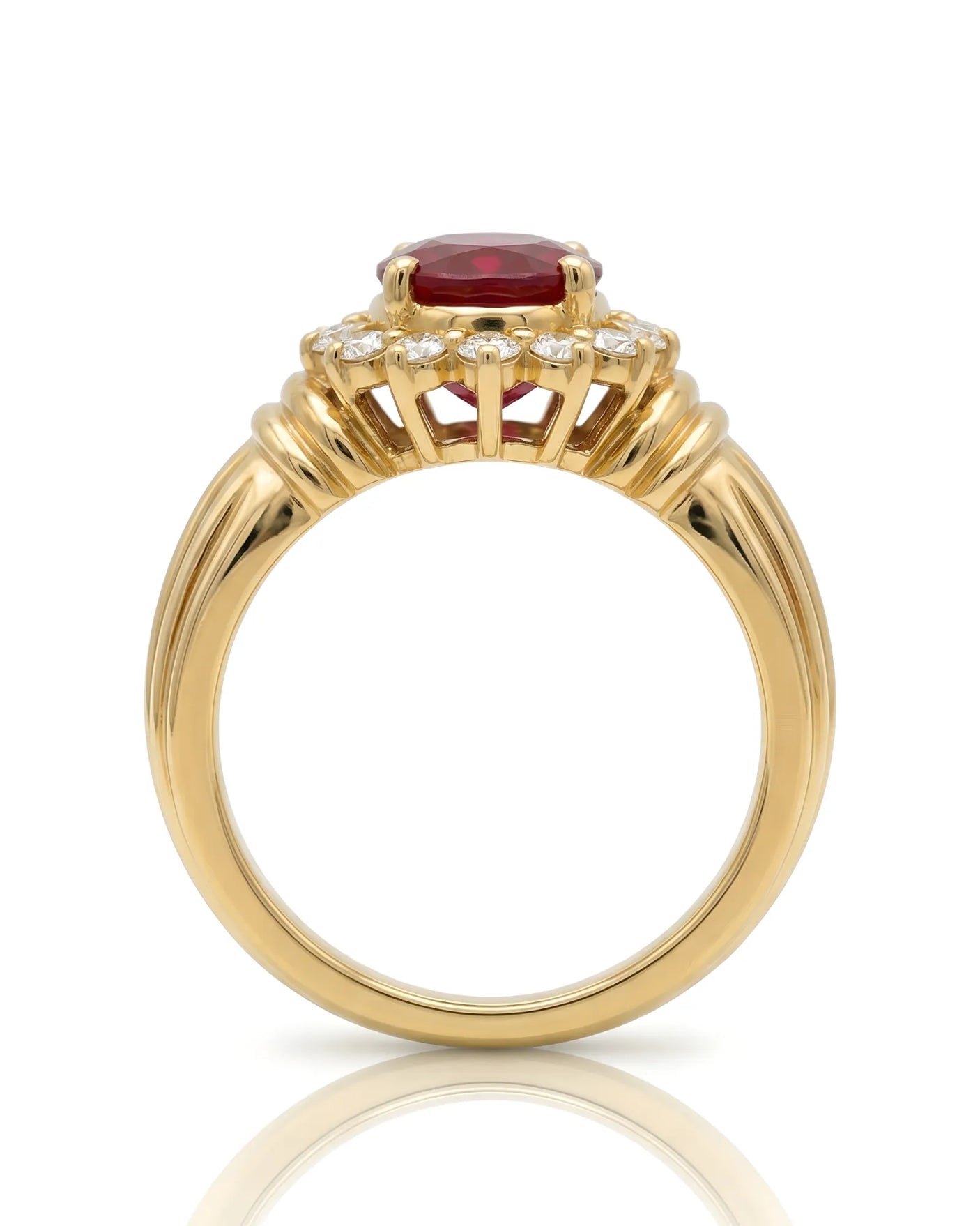 Vintage ruby diamond halo ring oval 1.2 carat natural ruby yellow gold triple shoulder band luxury ruby engagement ring | SARATTI