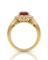 Vintage ruby diamond halo ring oval 1.2 carat natural ruby yellow gold triple shoulder band luxury ruby engagement ring | SARATTI
