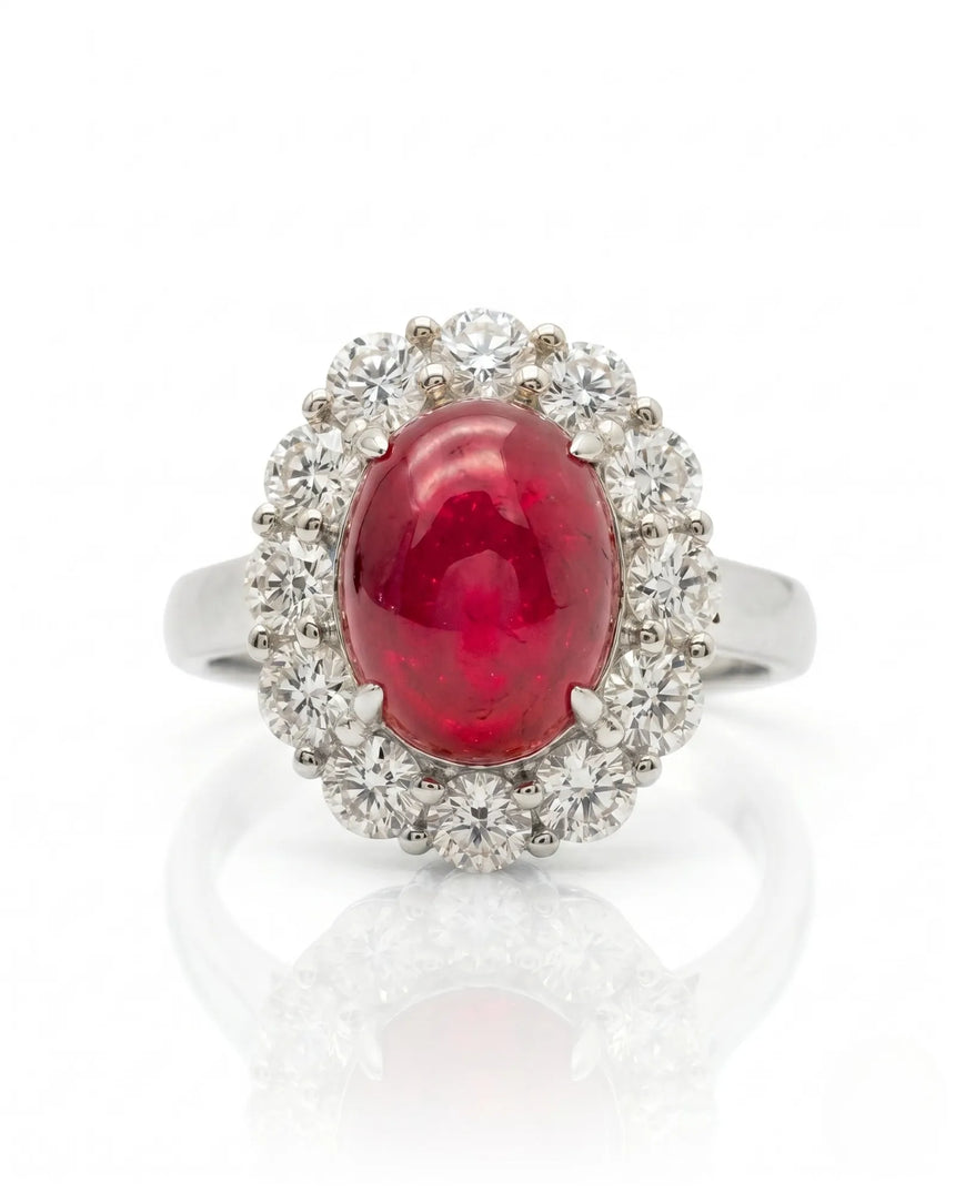 Vintage ruby ring with floral diamond halo and polished white gold setting | SARATTI