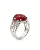 Vintage ruby ring with scrollwork sides and round diamonds in platinum | SARATTI