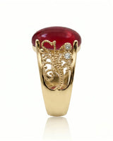 Vintage ruby ring with scrollwork sides and round diamonds in yellow gold | SARATTI