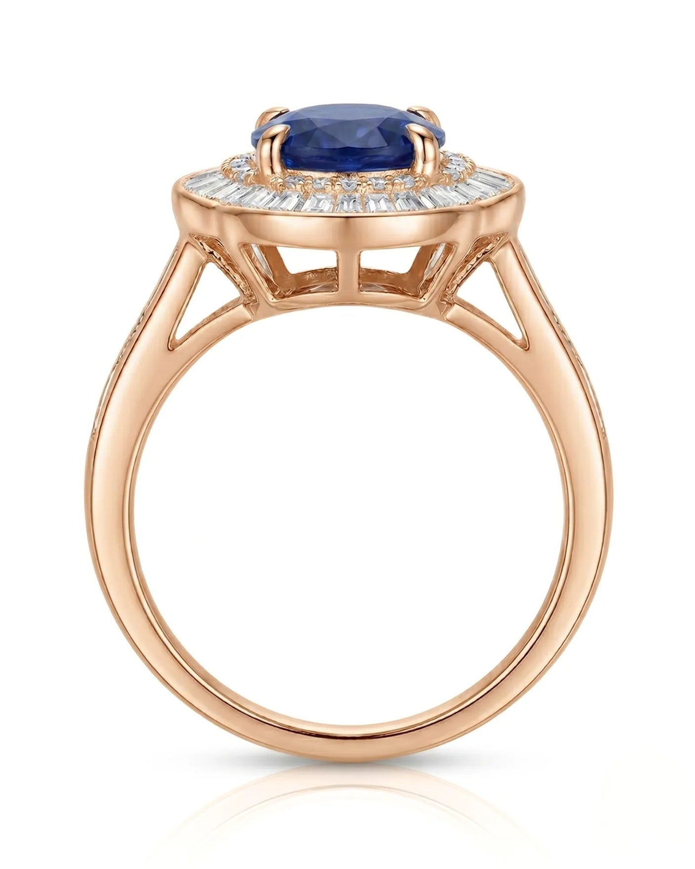 Vintage sapphire engagement ring with architectural diamond halo and channel shoulders in 18K rose gold | SARATTI