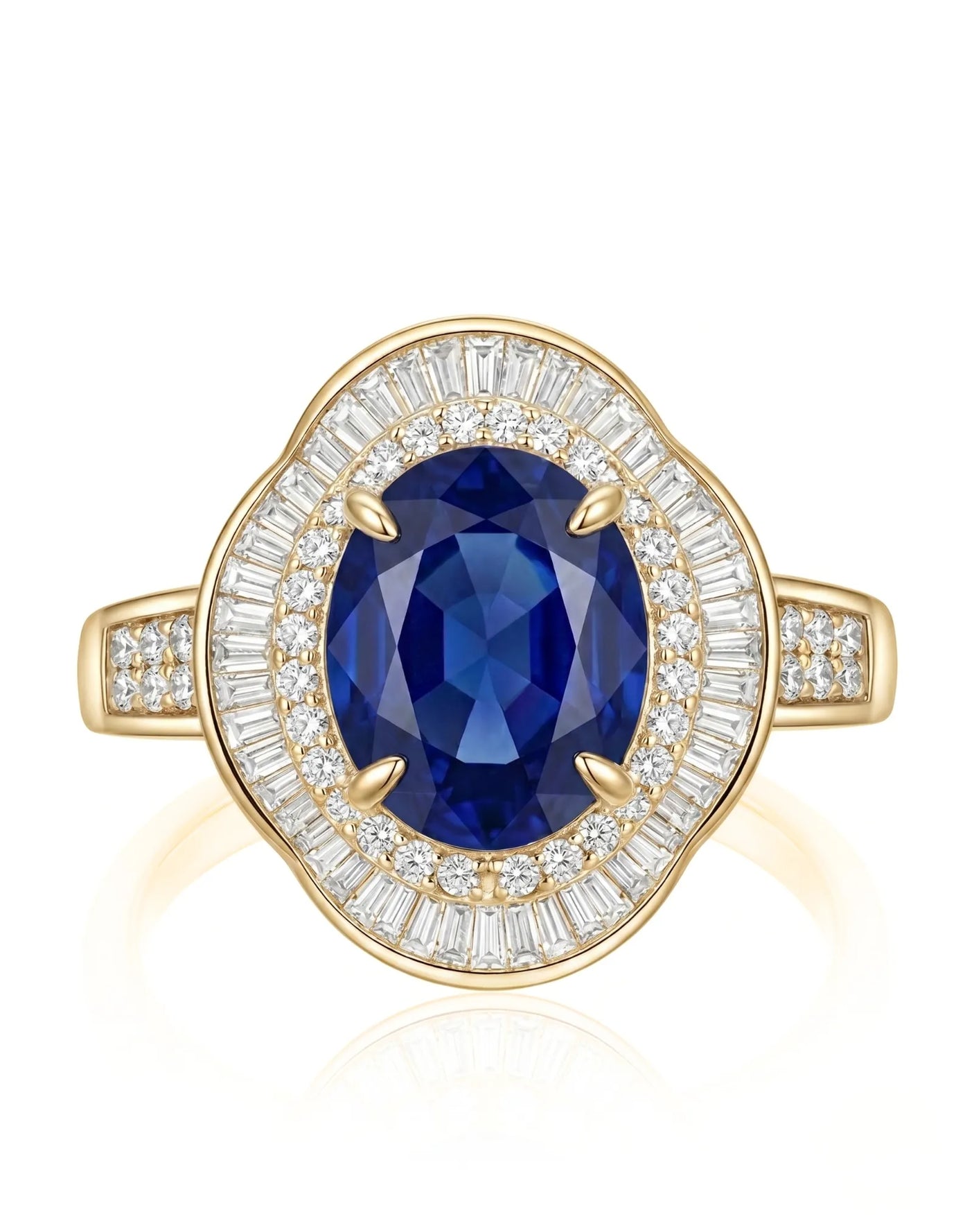 Vintage sapphire engagement ring with architectural diamond halo and channel shoulders in 18K yellow gold | SARATTI