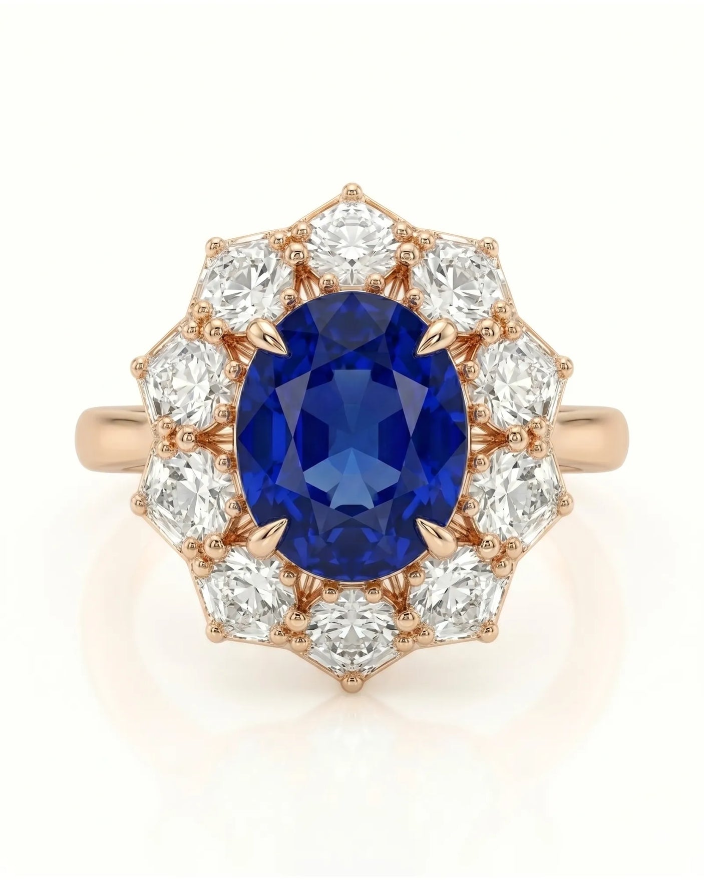 Vintage sapphire ring with round and kite-shaped diamonds in romantic rose gold | SARATTI