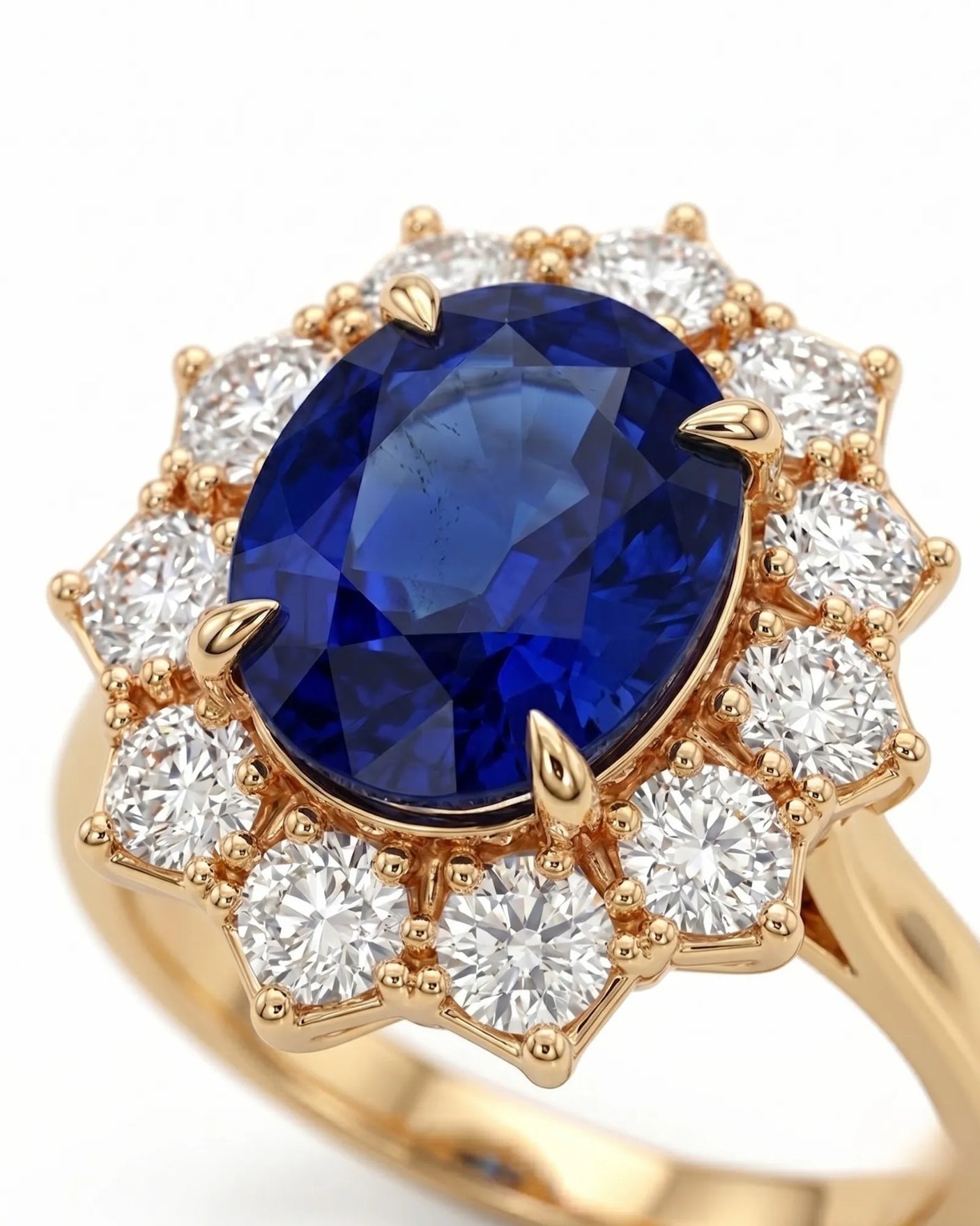 Vintage sapphire ring with round and kite-shaped diamonds in warm yellow gold | SARATTI