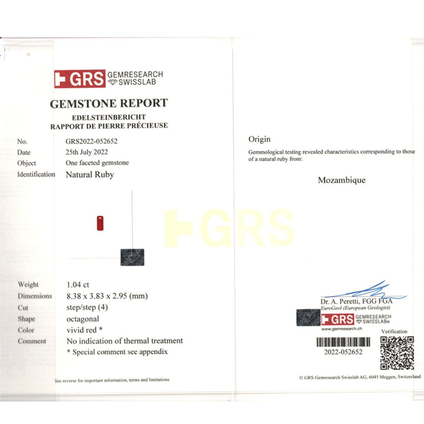 Vivid Red Octagonal Cut Ruby Gemstone Certificate | Saratti