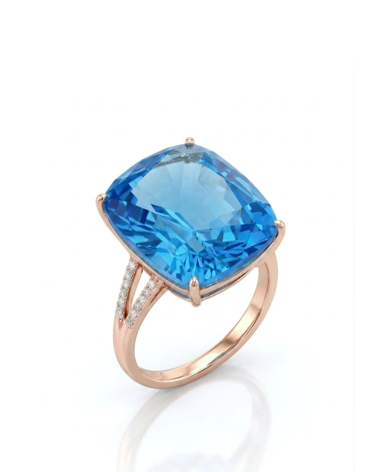 Vivid Swiss Blue cushion topaz ring with diamond split shank in 18K rose gold | SARATTI