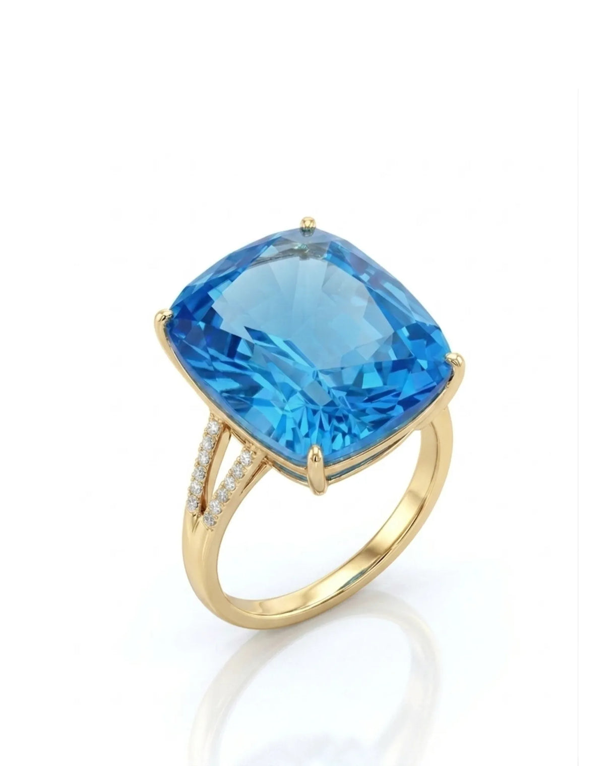 Vivid Swiss Blue cushion topaz ring with diamond split shank in 18K yellow gold | SARATTI