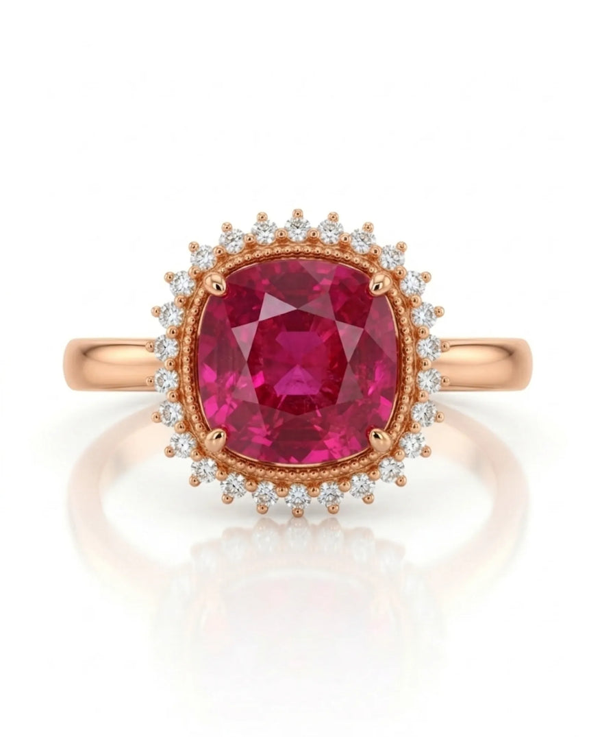 Vivid crimson oval tourmaline ring framed by natural diamonds in 18K rose gold | SARATTI