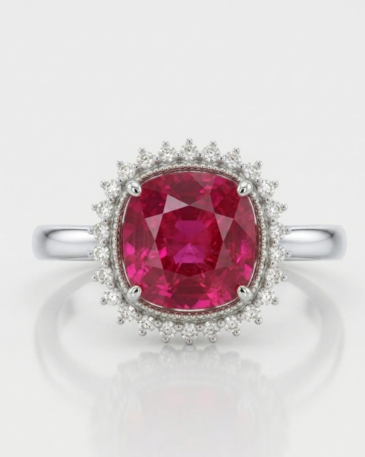 Vivid crimson oval tourmaline ring framed by natural diamonds in 18K white gold | SARATTI