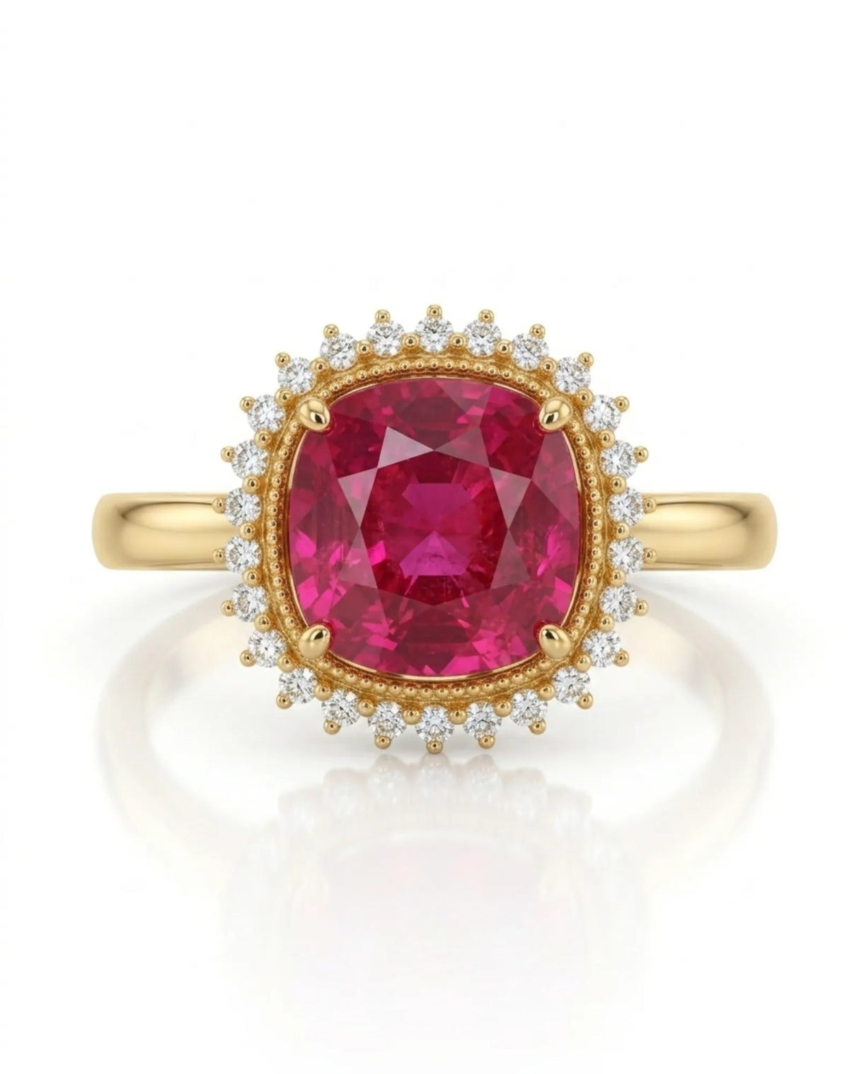 Vivid crimson oval tourmaline ring framed by natural diamonds in 18K yellow gold | SARATTI