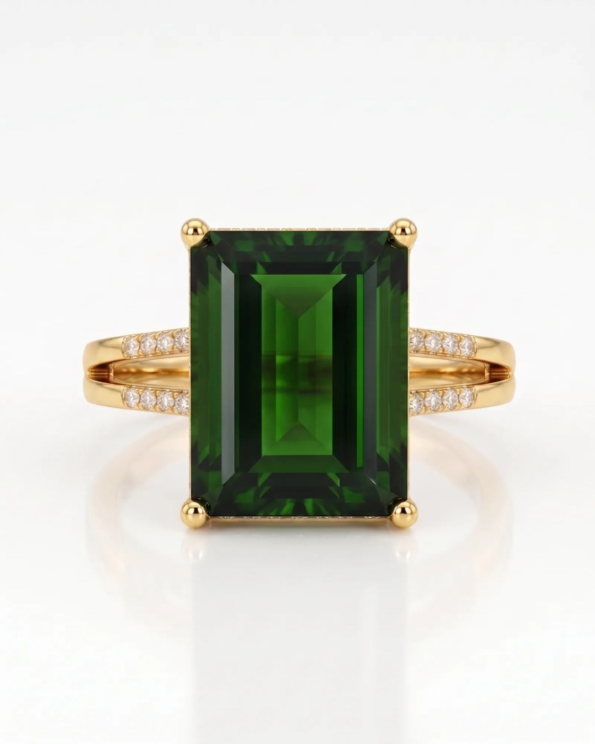 Vivid green emerald cut tourmaline ring with natural diamonds in 18K yellow gold | SARATTI
