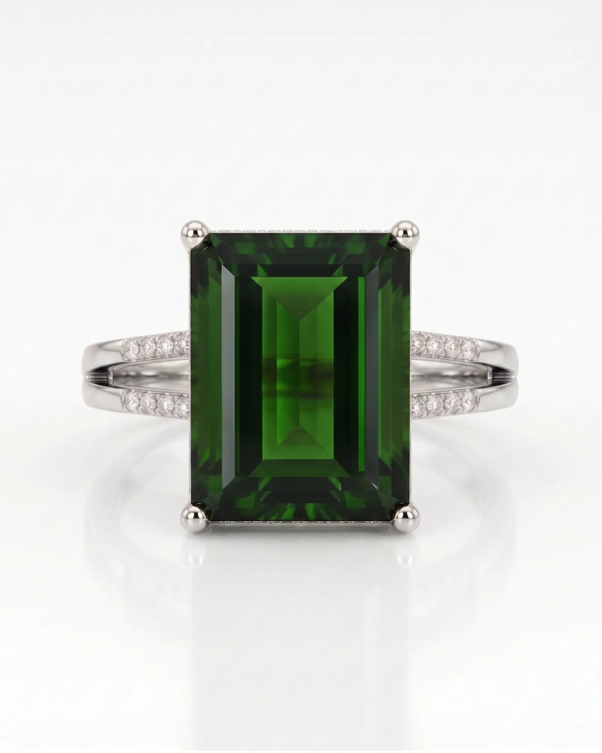 Vivid green emerald cut tourmaline ring with natural diamonds in platinum | SARATTI