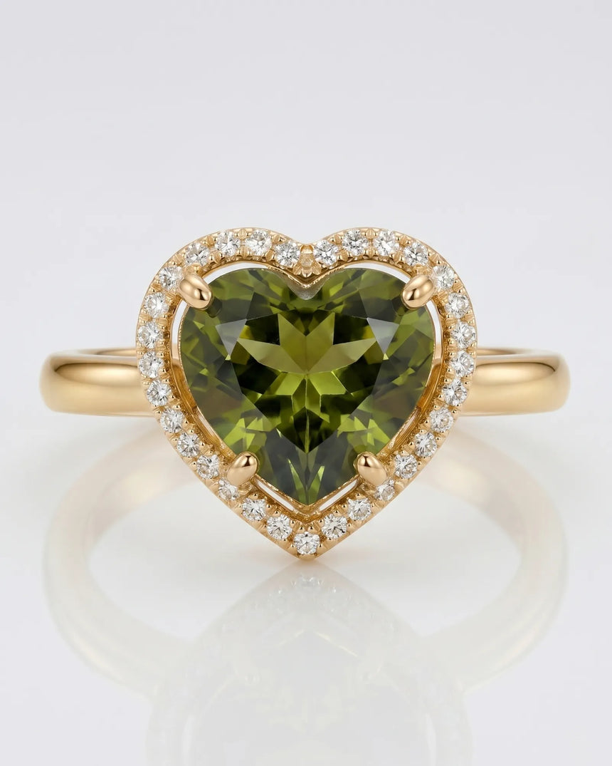 Vivid green heart tourmaline ring framed by natural diamonds in 18K white gold | SARATTI
