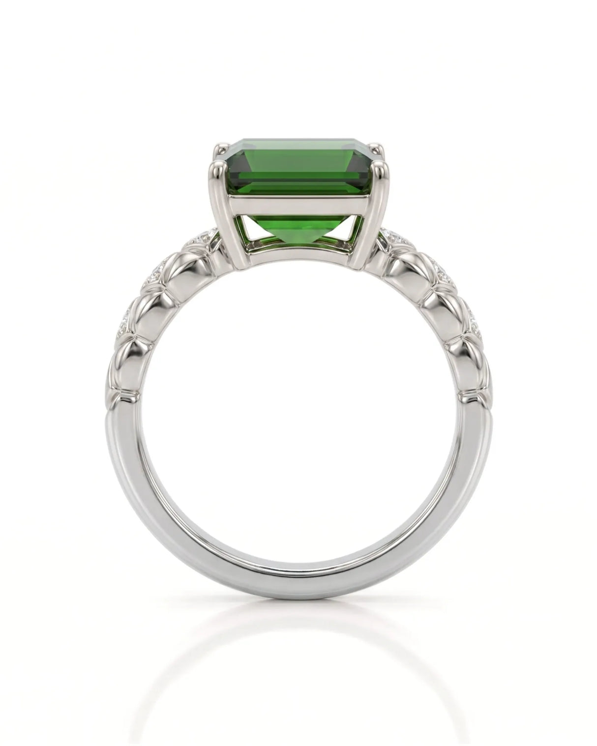Vivid green tourmaline ring with sculpted diamond shoulders in platinum | SARATTI