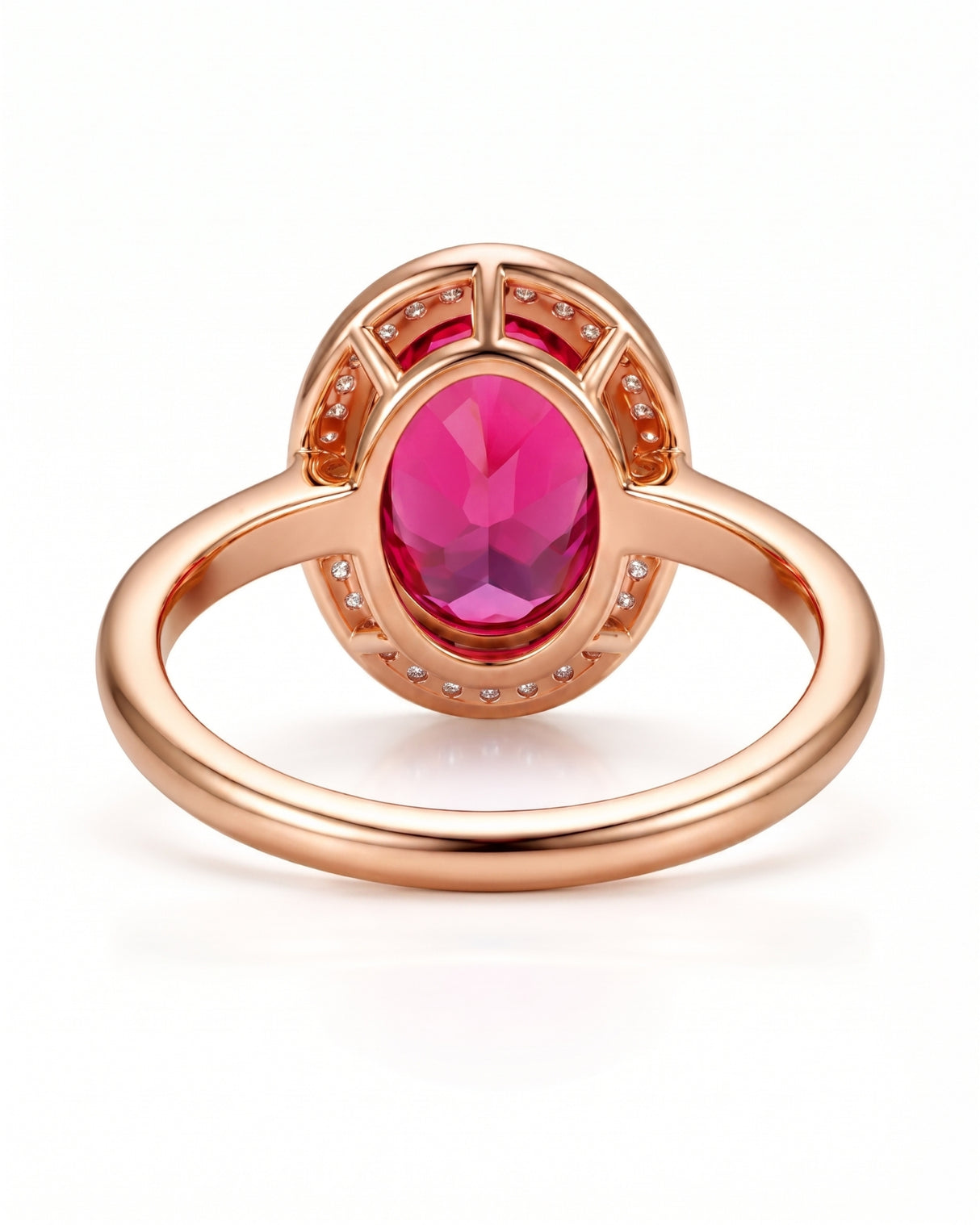 Vivid pink tourmaline ring with round diamond halo in 18K Rose Gold | SARATTI