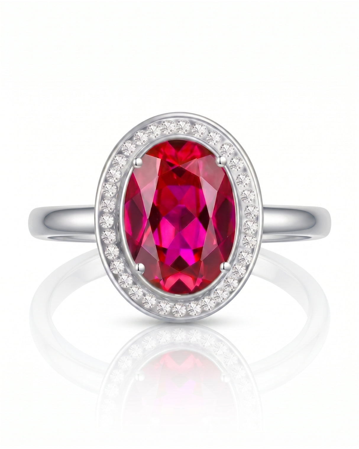 Vivid pink tourmaline ring with round diamond halo in 18K White Gold | SARATTI