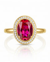 Vivid pink tourmaline ring with round diamond halo in 18K Yellow Gold | SARATTI