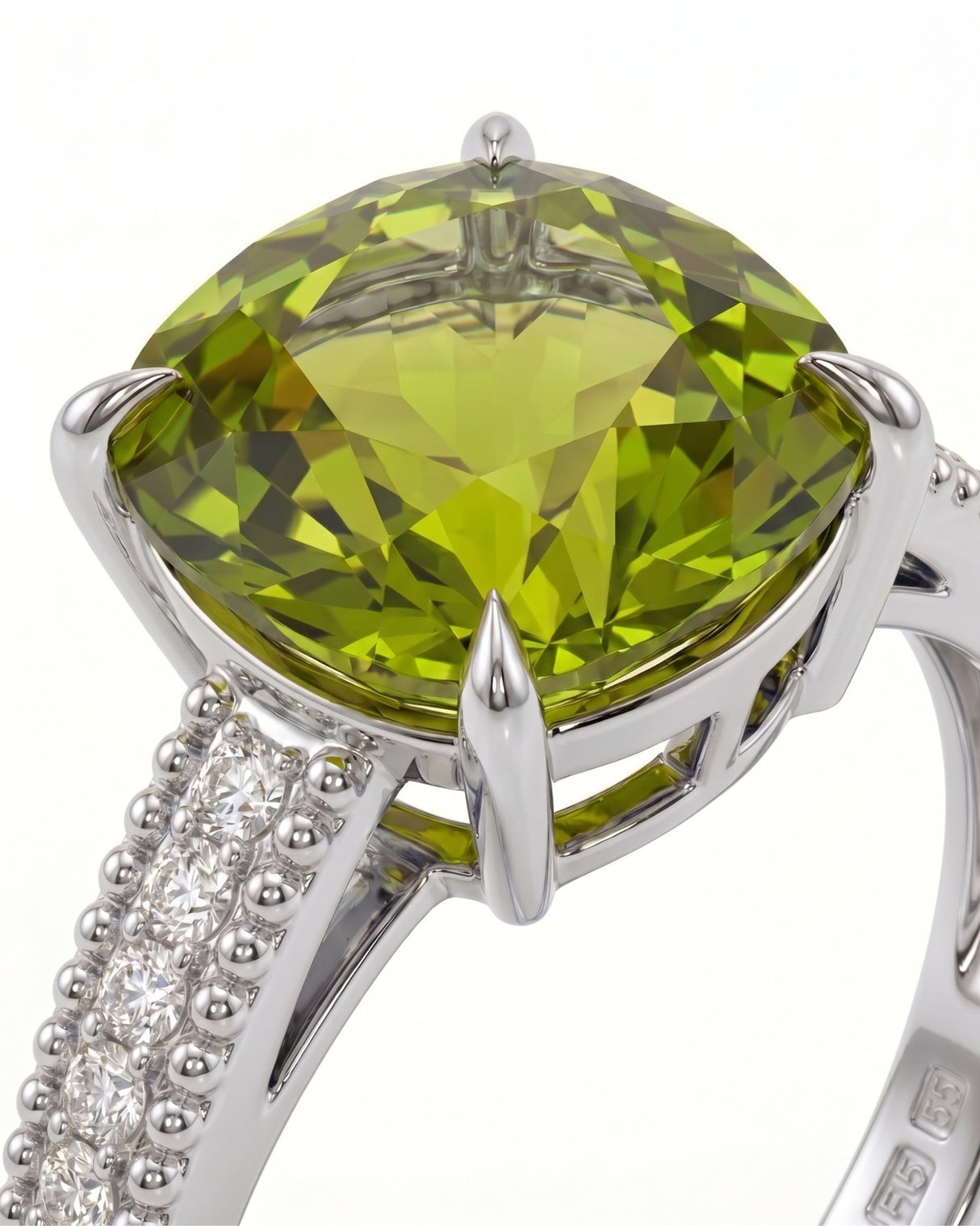 Vivid yellow-green tourmaline ring with natural diamond accents in elegant Platinum | SARATTI
