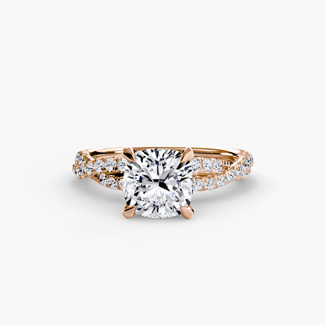 INFINITIÉ – Cushion Cut Twisted Pavé Solitaire Ring Setting – Rose metal view | SARATTI