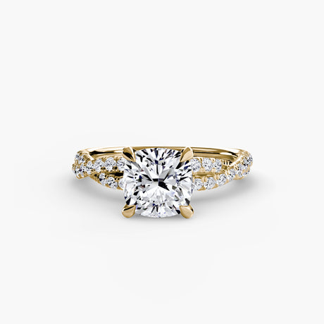 INFINITIÉ – Cushion Cut Twisted Pavé Solitaire Ring Setting – Yellow metal view | SARATTI