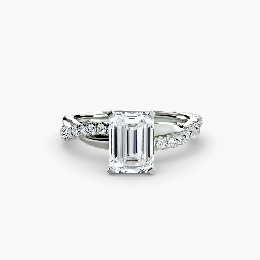 merald cut twisted shank engagement ring setting in 18K white gold | SARATTI