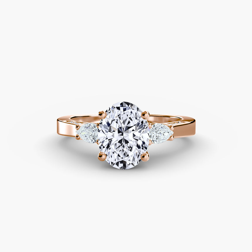 Oval three-stone pavé engagement ring mount rose gold angle | SARATTI