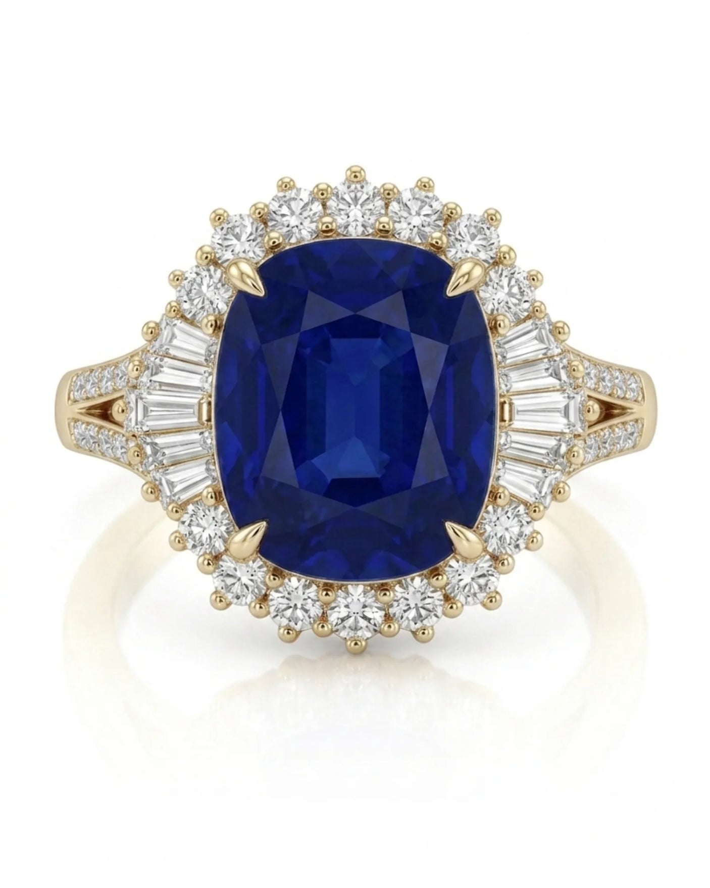 Warm yellow gold frames a royal blue sapphire with baguette and round diamond detailing | SARATTI