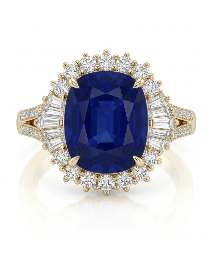 Warm yellow gold frames a royal blue sapphire with baguette and round diamond detailing | SARATTI