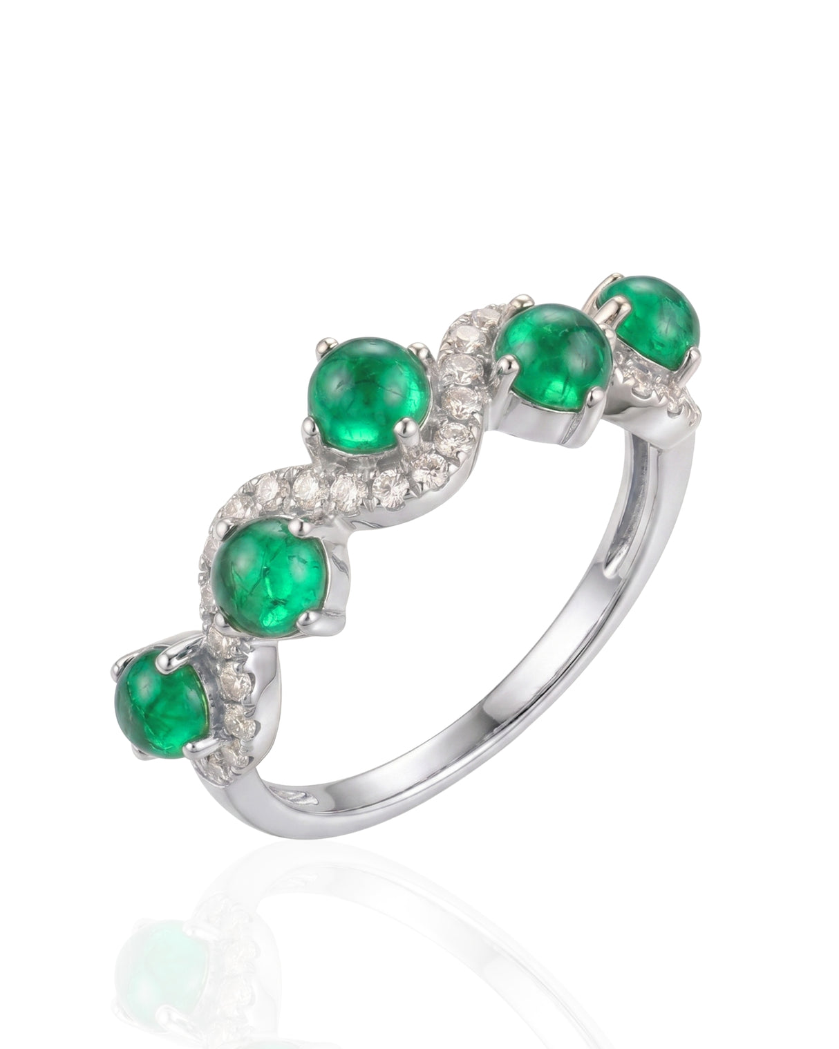 Wave Devotion natural emerald cabochon and diamond ring in 18K White Gold | SARATTI