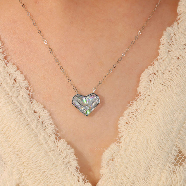 Model wearing 18 K White Gold Heart Bezel Set Diamond Necklace | Saratti 