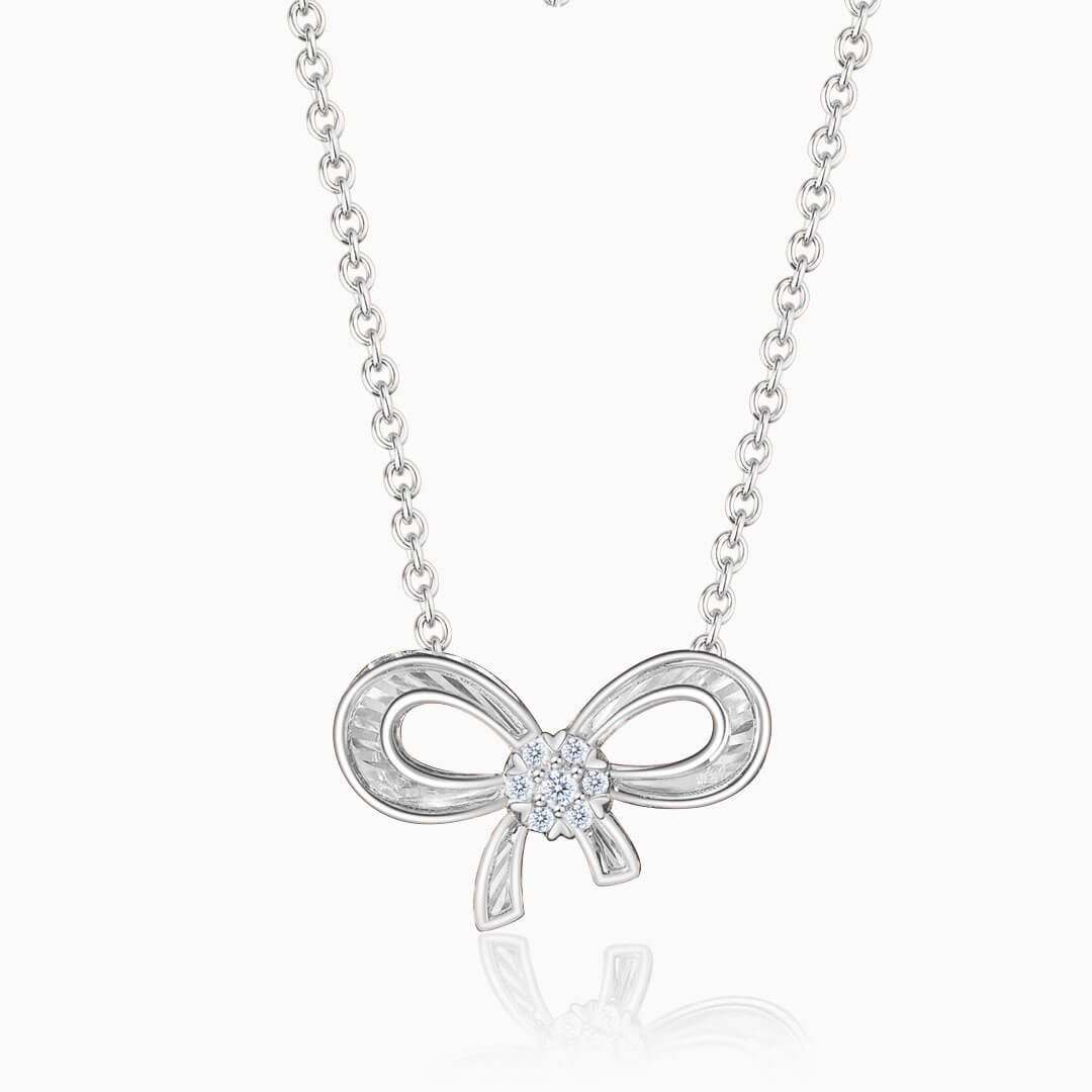 White Gold Ribbon Inspired Diamond Drop Necklace | Saratti
