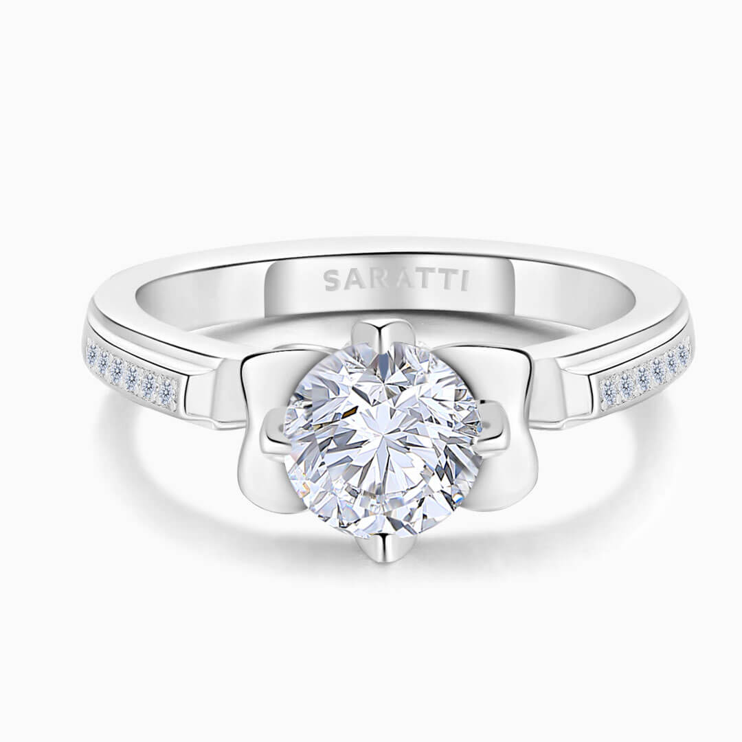 Centre Stone Perspective of the White Gold Fleur de Lis Dainty Diamond Ring | Saratti Diamonds