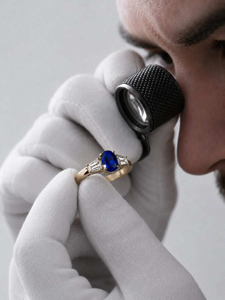 SARATTI sapphire and diamond gold ring held with white gloves and inspected through a jeweler’s loupe before delivery