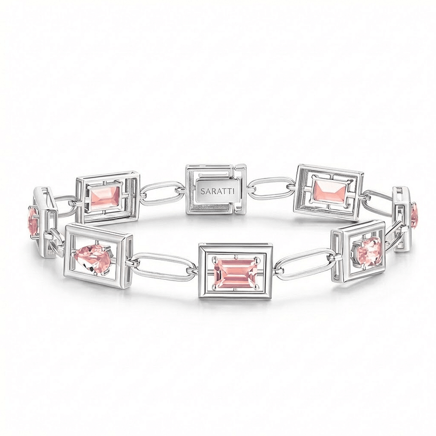 White Gold with pink gemstones on a white background - 3.5ct Morganite Bracelet in Platinum, Emerald Oval and Pear Stones – SARATTI