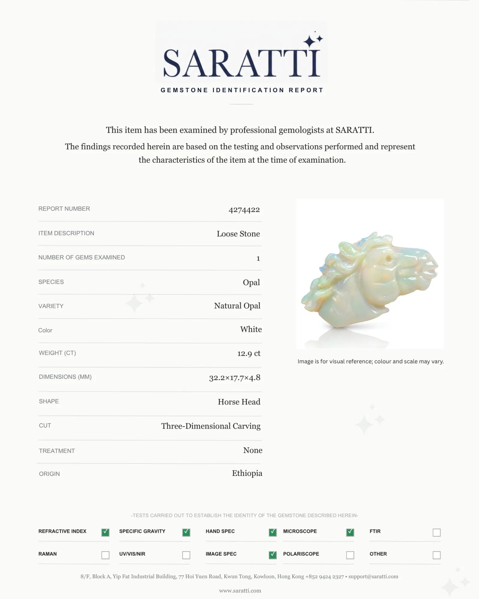 White Opal horse-head carving measuring 32.2 × 17.7 × 4.8 mm | SARATTI