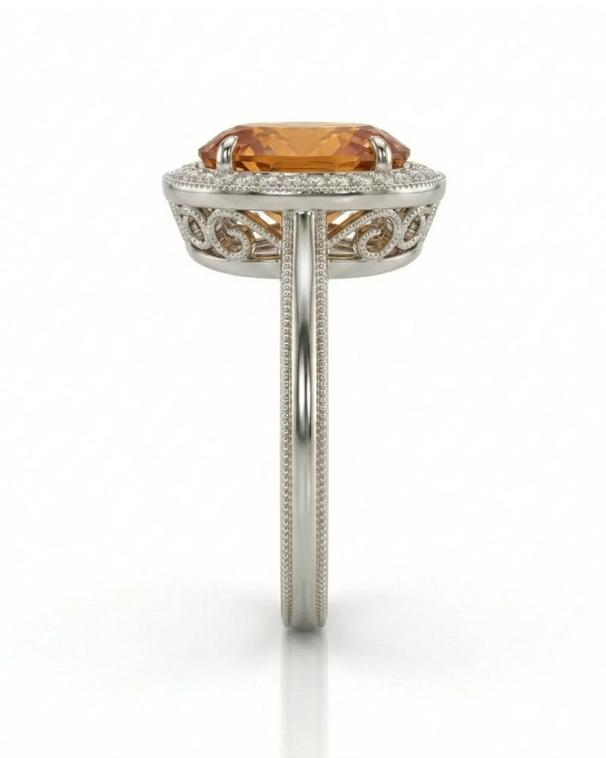 White gold Imperial Topaz setting with orange sapphire and diamond halo - SARATTI