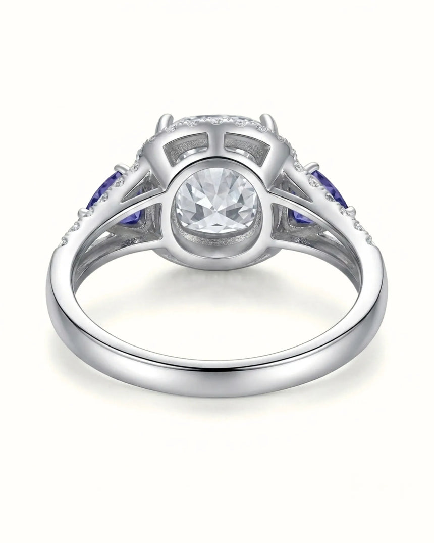 White gold cushion moissanite and tanzanite ring for unique proposal moments | SARATTI