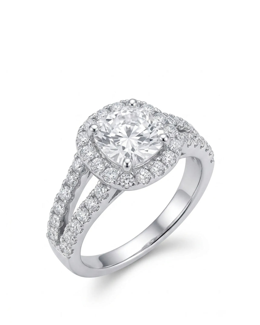 White gold cushion moissanite engagement ring with halo, split shank, and matching wedding band | SARATTI