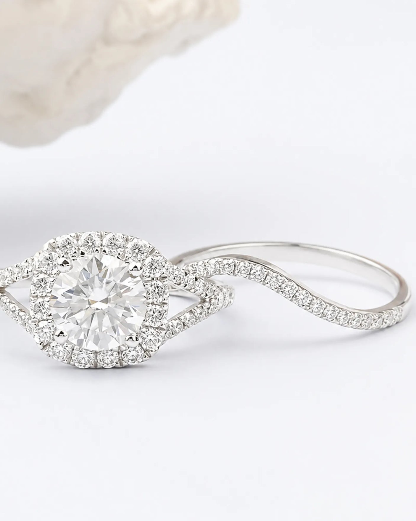 White gold moissanite bridal set designed for a radiant and elegant engagement and wedding pairing | SARATTI
