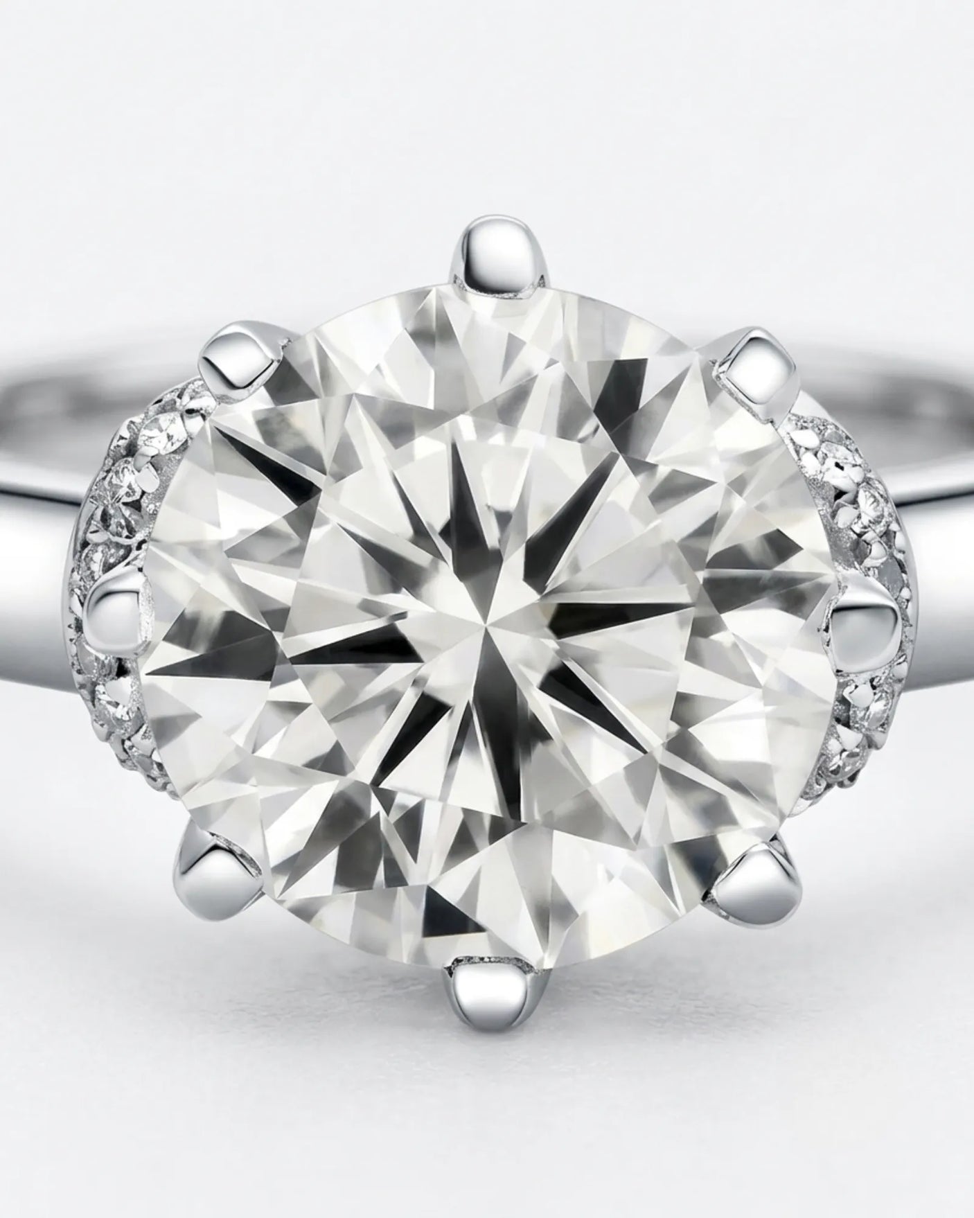 White gold moissanite engagement ring for a timeless proposal with hidden halo detail | SARATTI