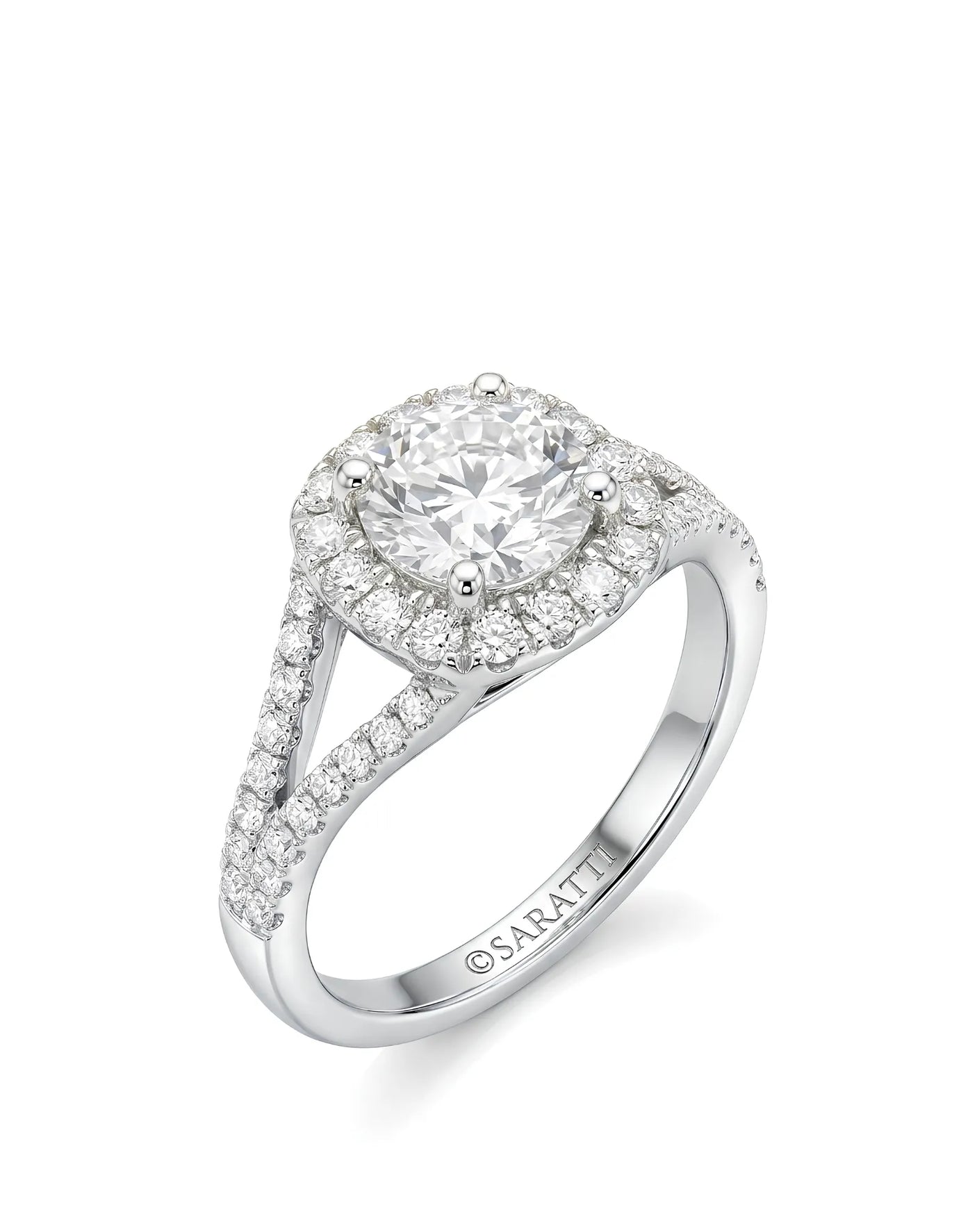 White gold moissanite halo bridal set with round center, split shank ring, and curved pavé band | SARATTI