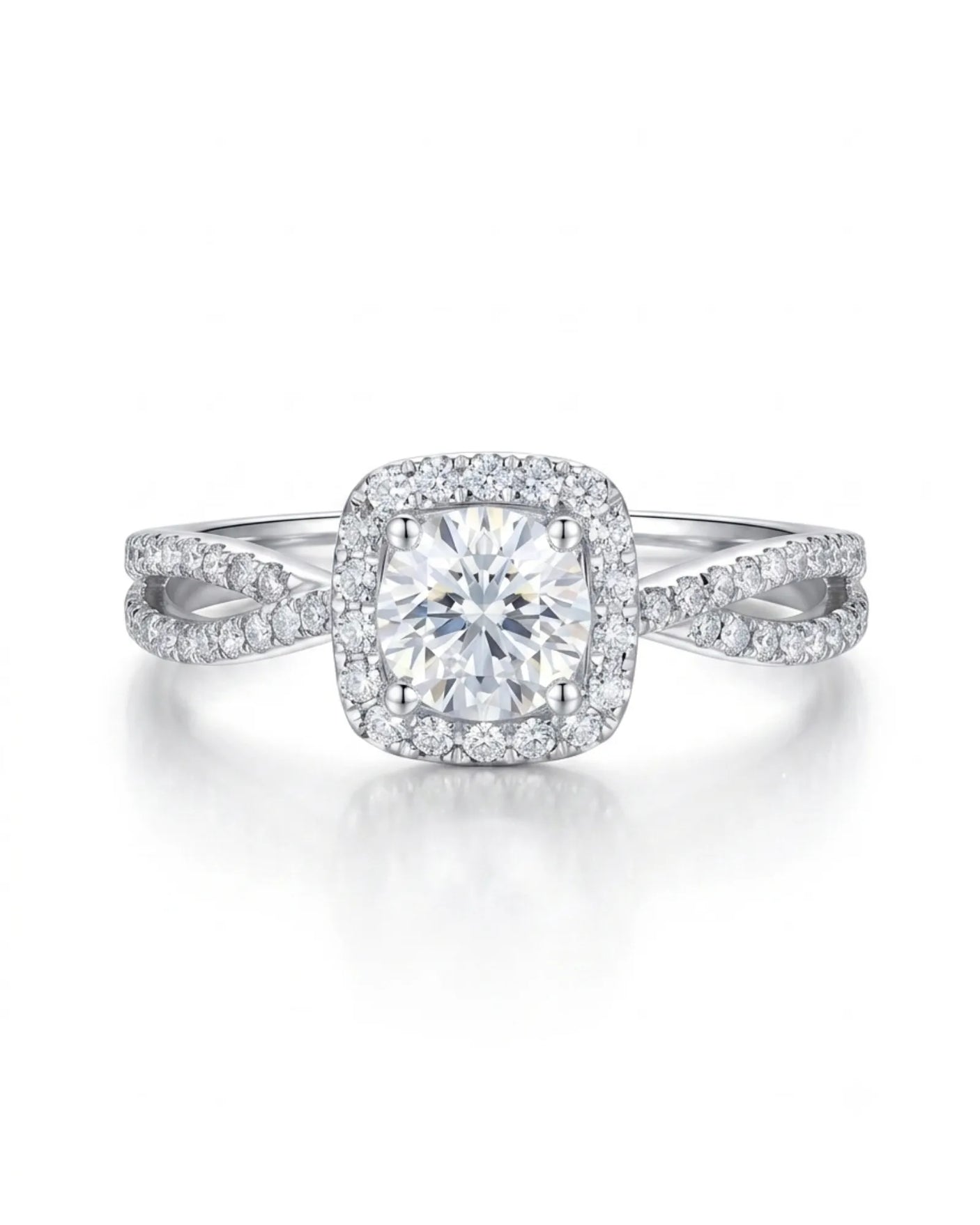 White gold moissanite ring with cushion halo design and pavé split shoulders | SARATTI