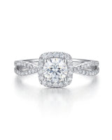 White gold moissanite ring with cushion halo design and pavé split shoulders | SARATTI