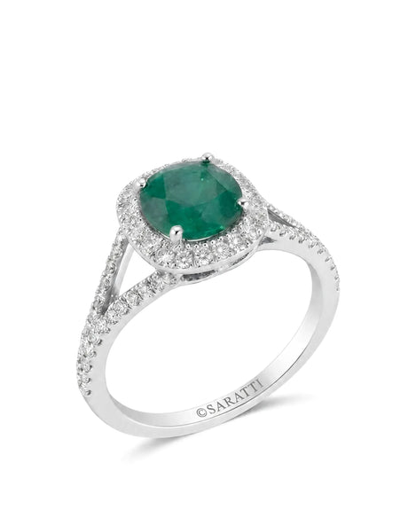 White gold natural emerald engagement ring with moissanite halo, split shank, and curved wedding band | SARATTI