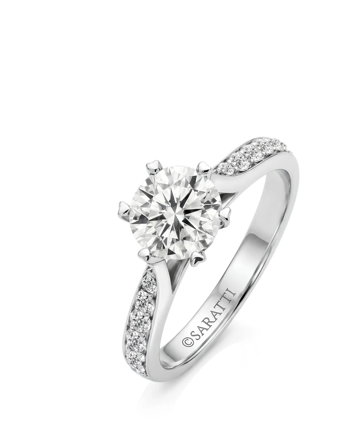 White gold round moissanite engagement ring with six-prong crown and pavé shoulders | SARATTI