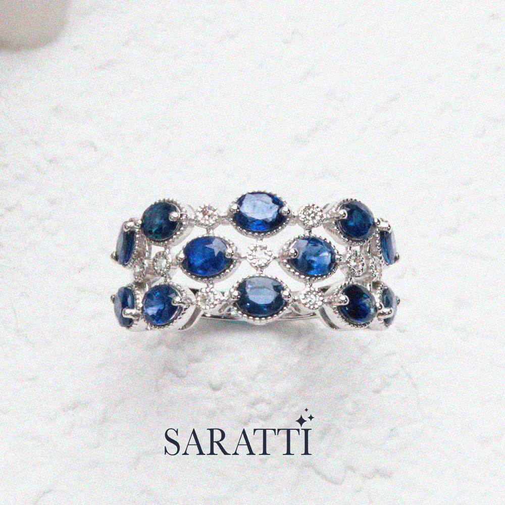 White gold sapphire diamond woven band ring close up | SARATTI