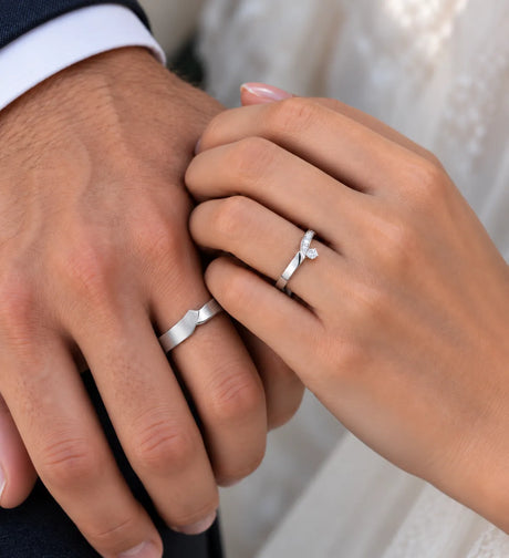 Apex Rise natural diamond wedding set in 18K White Gold, couple worn view | SARATTI