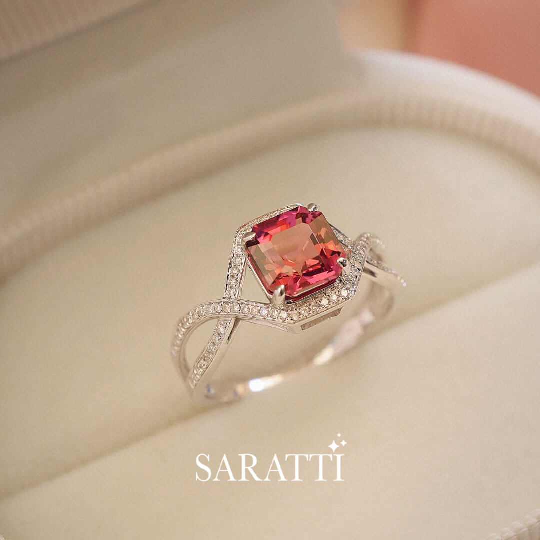 Diamond Halo in Focus | Asscher Rose Vintage Pink Tourmaline Ring | Saratti Fine Jewelry 